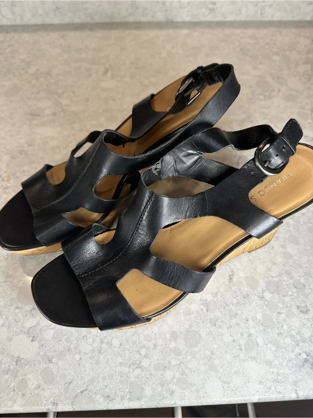 Franco Sarto Black Leather Cutout Wedge Sandals with Slingback